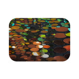 Abstract Autumn Dots Bath Mat — Warm Orange & Green Patterned Bathroom Rug
