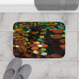 Abstract Autumn Dots Bath Mat — Warm Orange & Green Patterned Bathroom Rug